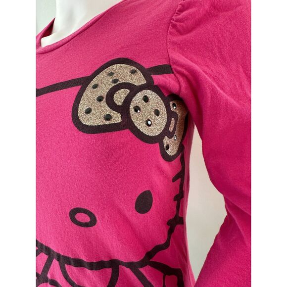 Hello Kitty Gold Glitter Rhinestone Bow Long Sleeve Graphic Tee Shirt size JR XS - Picture 3 of 6